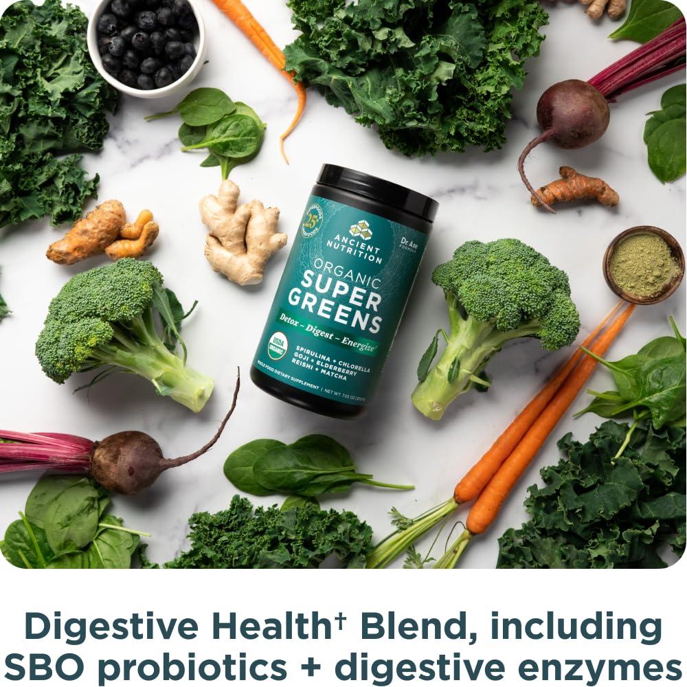 Ancient Nutrition Super Greens Powder by Ancient Nutrition, Organic Superfood Powder with Probiotics Made with Spirulina, Chlorella, Matcha, and Digestive Enzymes, 25 Servings, 7.5oz