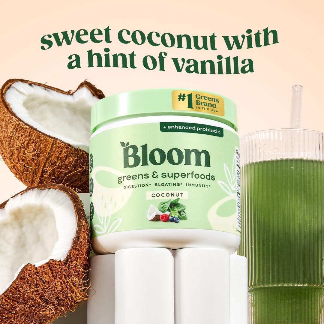 Bloom Nutrition Bloom Nutrition Superfood Greens Powder, Digestive Enzymes with Probiotics and Prebiotics, Gut Health, Bloating Relief for Women, Chlorella, Green Juice Mix with Beet Root Powder, 30 SVG, Coconut