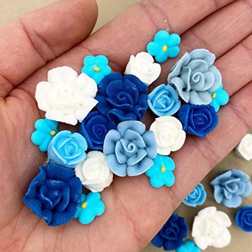 SIMPLY SUCRÉ 30 Azul Bloom Icing Flowers | Small Edible Flowers| Edible Roses| Blue Roses| White Icing Flowers | Sprinkles | Royal Icing Flowers | Blue Flowers | Blue Sprinkles | Simply Sucré