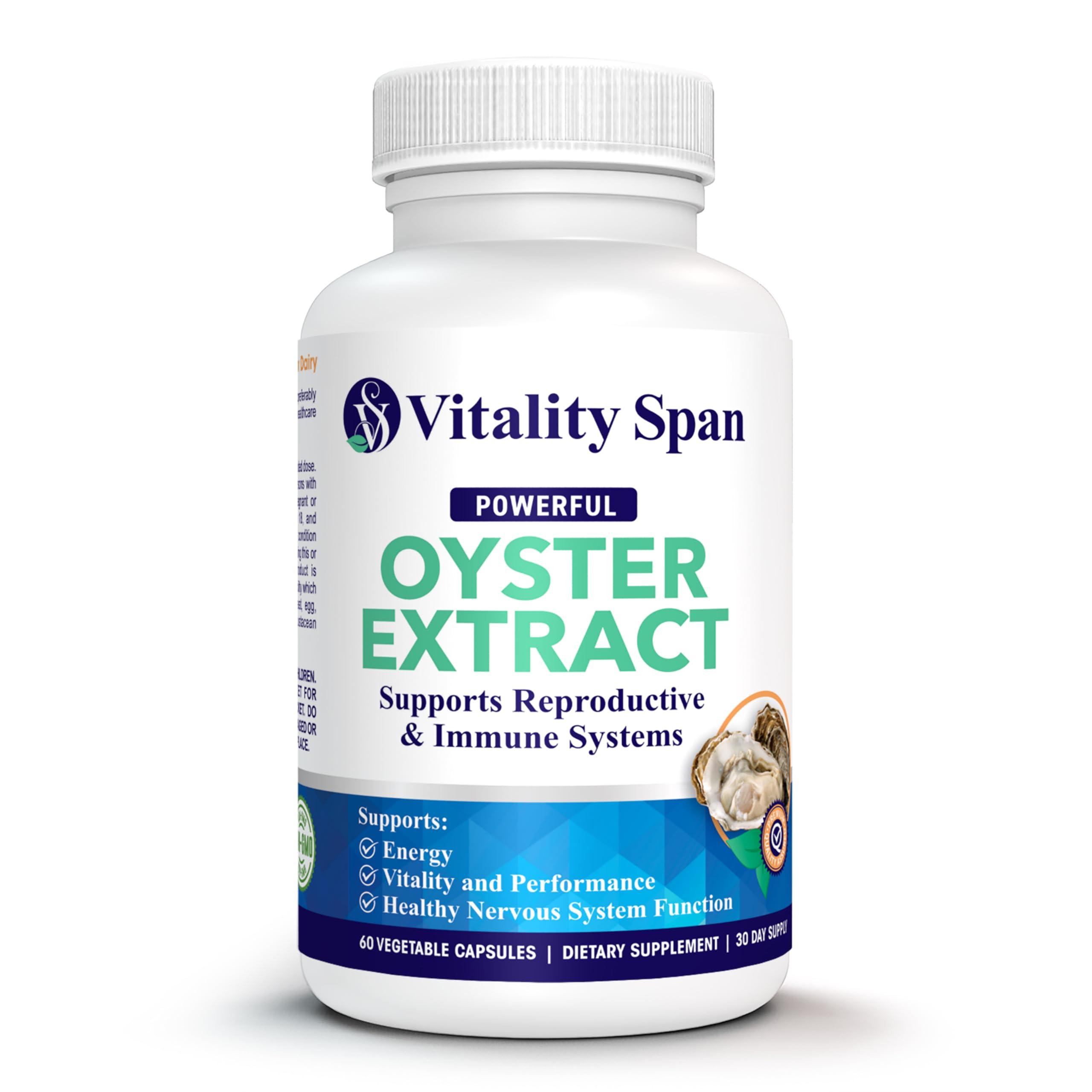 Vitality Span Vitality Span Oyster Extract - Pure, Highly Concentrated Supplement for Men & Women Supports Energy & Immune Boost; Zinc, Taurine, Amino Acids, and Vitamins, 500 mg, 60 Veg Capsules, Made in USA