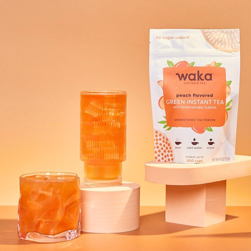 Waka Coffee Waka Instant Tea Mix, 2 Bag Bundle - 100% Tea Leaves, No Additives, Unsweetened Tea Powders - Raspberry Flavored & Peach Flavored Green (4.5oz Each)