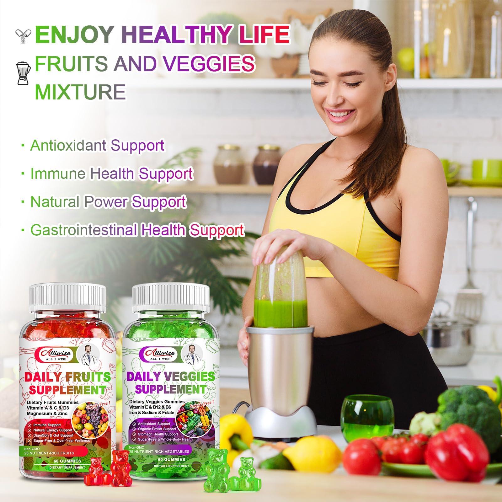 Alliwise Sugar-Free Fruits and Veggies Gummies Supplement, Multi-Vitamins & Minerals in Gummies, Natural Fruits and Vegetables Supplement, Immunity & Antioxidant & Energy Supplements for Women & Men