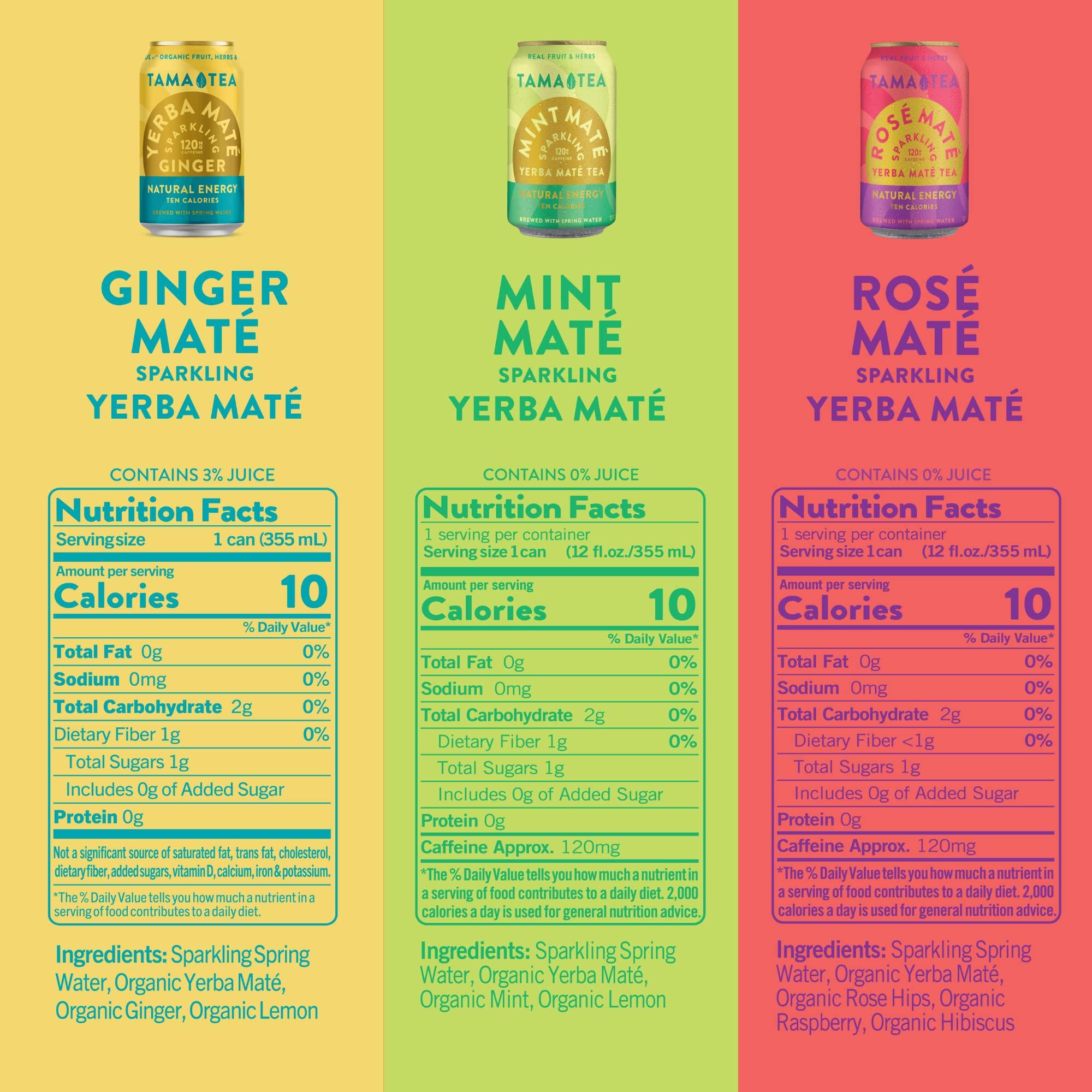 Tama Tea Sparkling Yerba Mate Variety Pack by Tama Tea - Unsweetened Natural Energy Drink with Real Fruit & Herbs - Healthy Caffeine Drink Alternative - 120mg of Caffeine, 10 Calories - 12oz Pack of 12