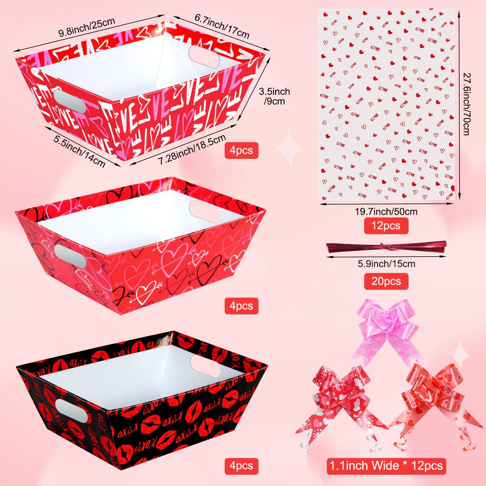 Hallswl 12 Set Valentines Day Empty Gifts Baskets Bulk with Cellophane Basket Bags and Bows Ribbons,Love Heart Market Tray Cardboard Gift Basket Empty to Fill for Valentine\'s Day Birthday Wedding Decor