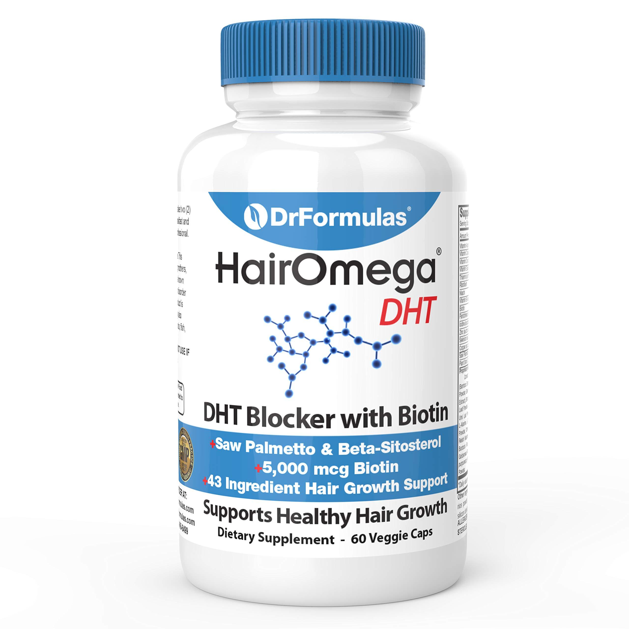 DrFormulas DrFormulas HairOmega DHT Blocker Biotin 5000 mcg Vitamins for Hair Growth Supplement | Hair Loss Pills for Women and Men, 30 Day Supply