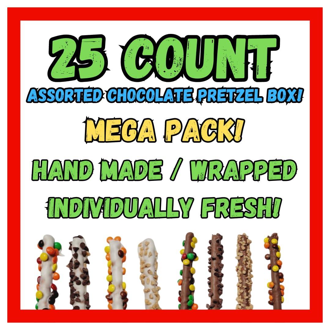 The Brittle Box Candy Co. Chocolate Covered Pretzel Rods 25 Count Gift Box Assorted Toppings