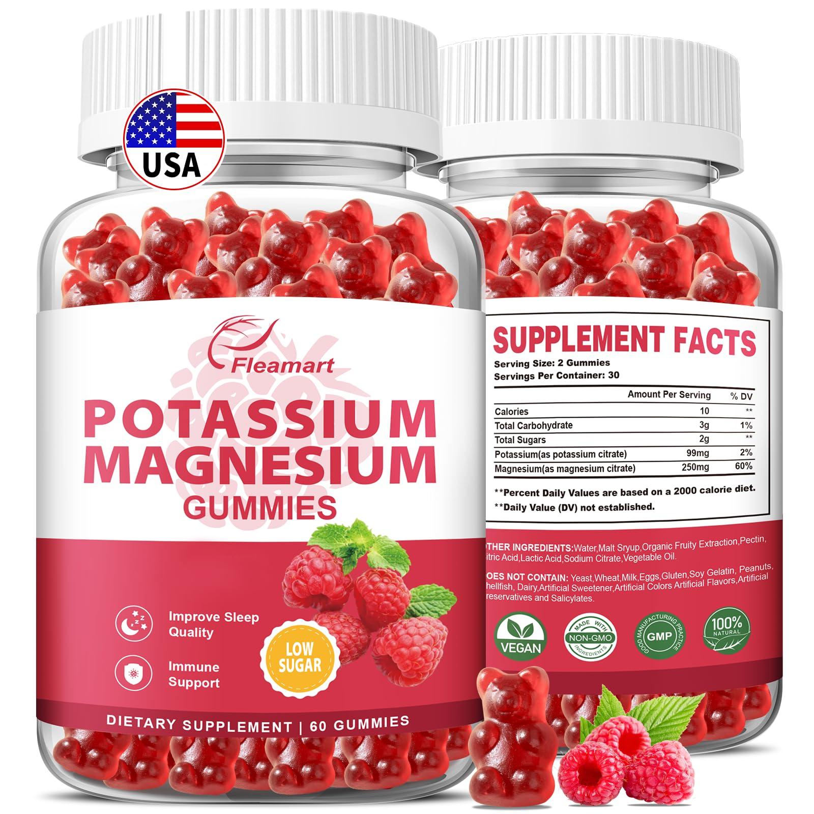 Fleamart Potassium Magnesium Gummies Potassium Citrate 99mg Magnesium Citrate 250mg Magnesium Potassium Complex Supplement, Immune Support, Leg Cramps Muscle Health, 60 Raspberry Gummies 2 Pack