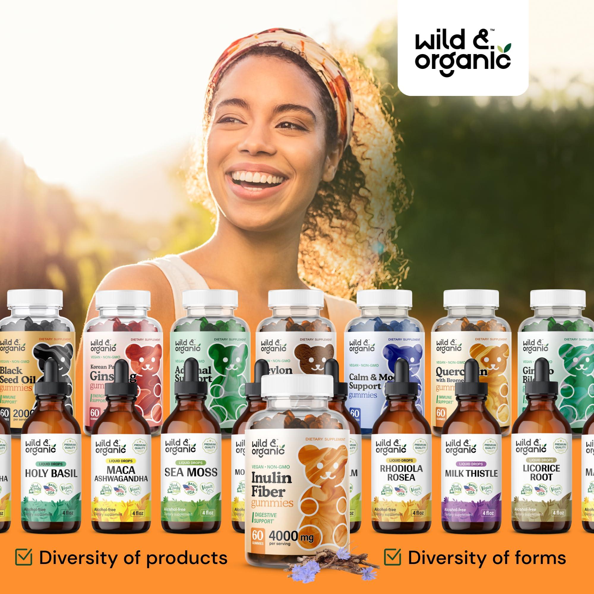 Wild & Organic Inulin Fiber Gummies 4000mg - Digestive Health w/Organic Chicory Root Inulin - Soluble Fiber Supplement w/Chicory Root Inulin Powder - Prebiotics Inulin for Gut Health - 60 Prebiotic Fiber Gummies