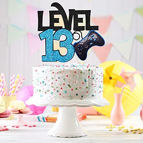Caiwowo Level 13 Game Birthday Cake Topper - Video Game Boy's 13th Birthday Level Up Party Blue Cake Supplies - Game On Winner Gaming Party Decoration