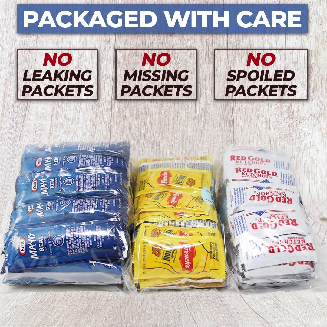 Velvet Nook Individual Condiment Packets Variety Pack 150-Count - 50 Packs of Each: Ketchup Packets, Mayo Packets and Mustard Packets Single Serve - Perfect Mini Travel Condiments for BBQ, Picnic, Events