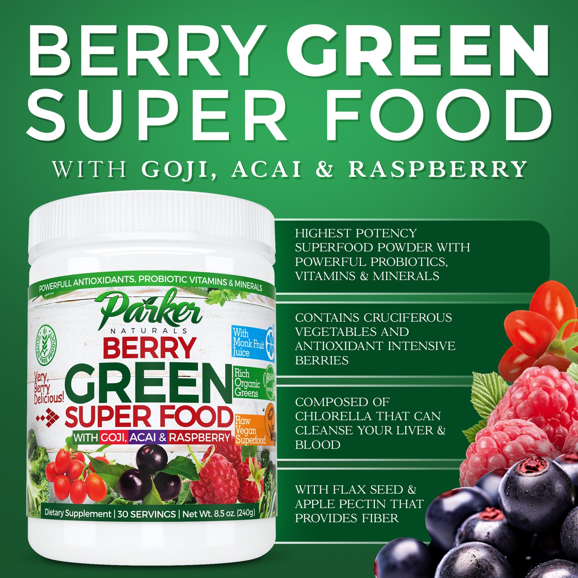 Parker Naturals Parker Naturals Berry Greens Superfood Powder, Organic Green Powder with Enzymes, Probiotics, Antioxidants, and Vitamins, Vegan Green Juice Powder Mix, 240 Grams