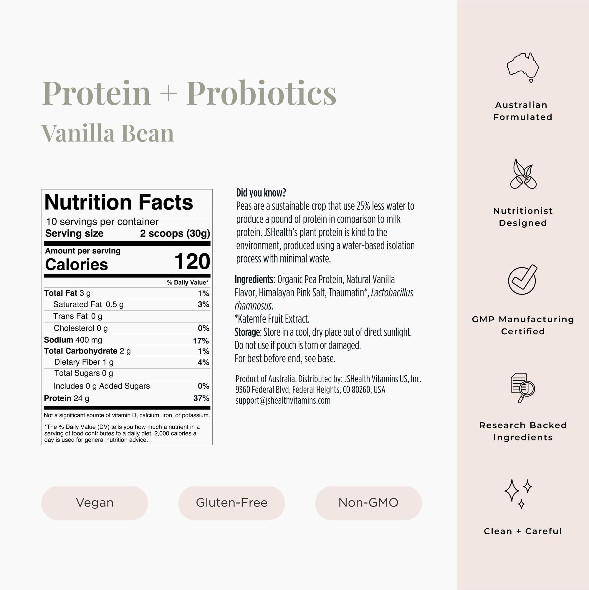 JSHealth JSHealth Vegan Pea Protein Powder with Probiotics - Vanilla Bean Flavor - Gluten Free, Non GMO, Plant Based Protein Drink Mix, 300g