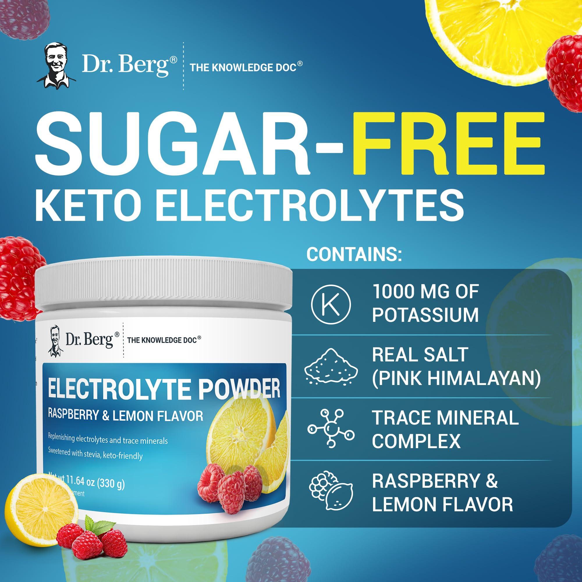 Dr. Berg Nutritionals Dr. Berg Zero Sugar Hydration Keto Electrolyte Powder - Enhanced w/ 1,000mg of Potassium & Real Pink Himalayan Salt (NOT Table Salt) - Raspberry & Lemon Flavor Hydration Drink Supplement - 50 Servings