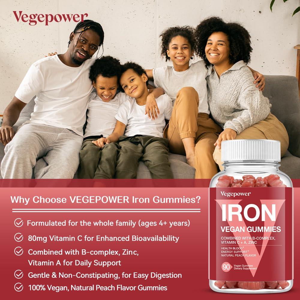 VEGEPOWER Iron Gummies Supplements for Women & Kids - Multivitamin with Iron for Blood Oxygen, Great Tasting Iron Gummy Vitamins with Vitamin C for Max Absorption - Vegan Iron Chewable, Peach Flavor(3 Packs)