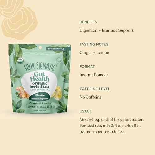 Four Sigmatic Four Sigmatic Happy Gut Organic Herbal Tea | Organic Lemon Ginger with Probiotics & Turkey Tail Mushroom | Instant Digestive Tea | Vegan, Gluten-Free | Lemon Ginger, 24 Servings