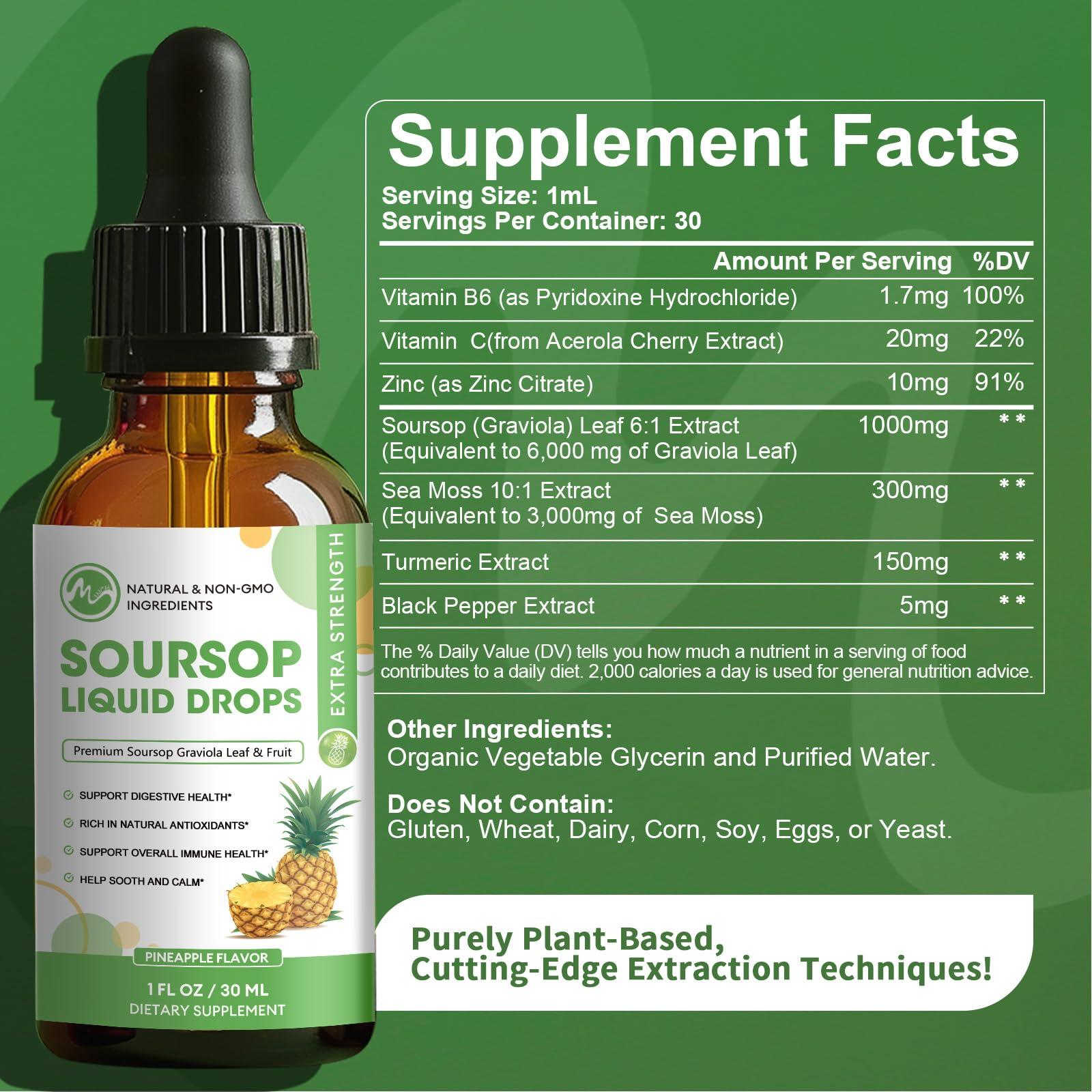 M inch Soursop Bitters Liquid, Sugar Free Graviola Liquid Drops Extract from Organic Soursop Leaves and Fruits for Cell Support, Regeneration, Antioxidant, Immune Boost, Pineapple Flavor, 2 Fl Oz