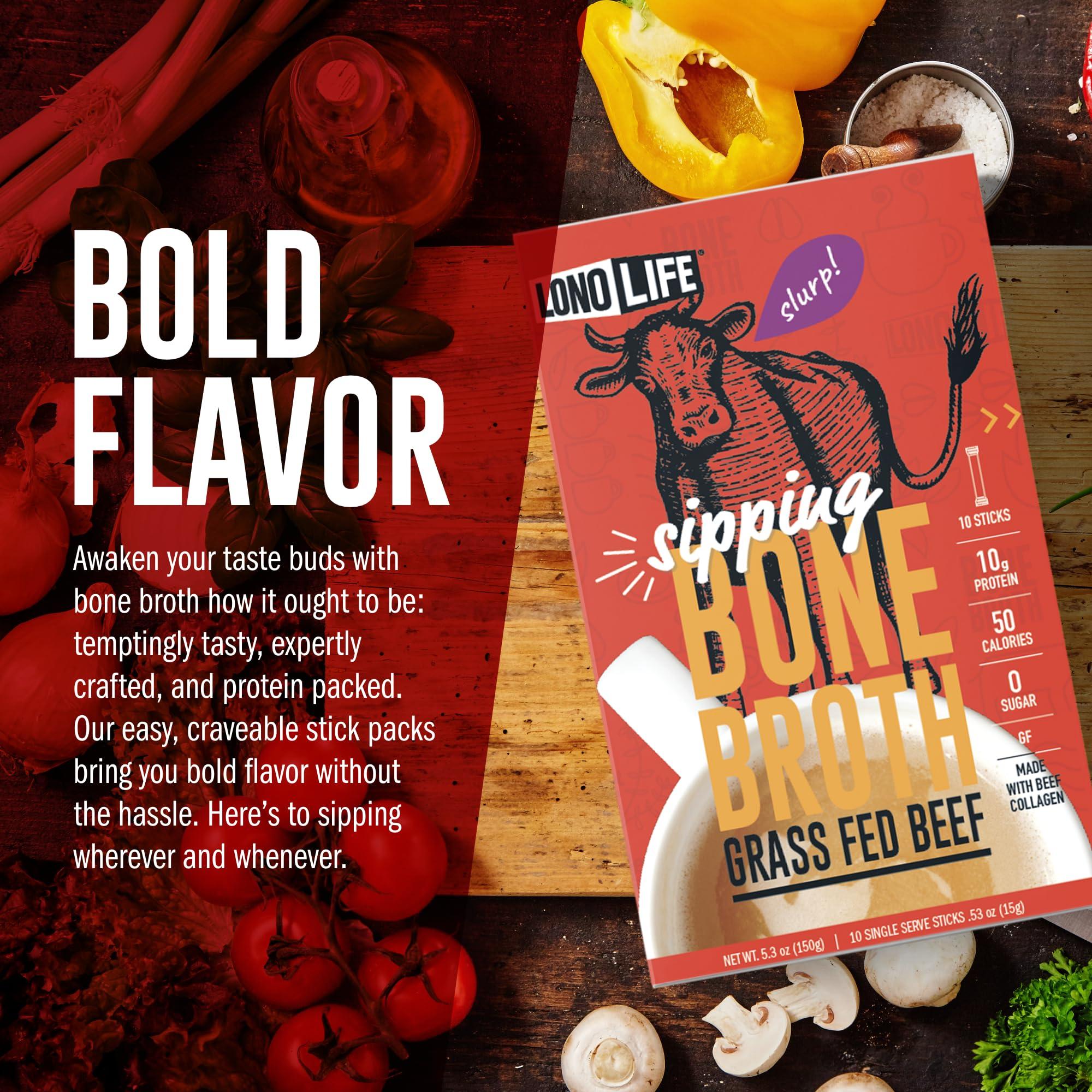LONOLIFE LonoLife Beef Bone Broth Powder Mix | Grass-Fed, 10g Protein | Collagen-Rich, Keto & Paleo Friendly | Natural Ingredients | 10 Portable Stick Pack Servings