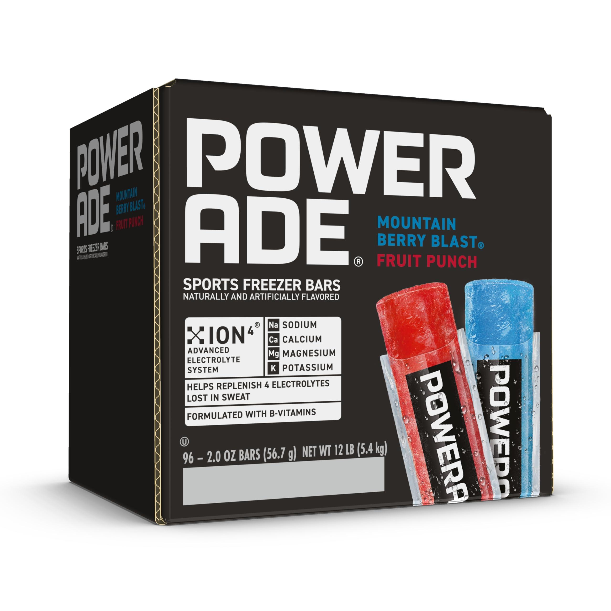 Powerade Sports Freezer Bars POWERADE Sports Freezer Bars 2 oz, Refreshing Ice Pops with Electrolytes B Vitamins Naturally Flavored with other Natural Flavors, Mountain Berry Blast and Fruit Punch, 96 Total Freezer Bars