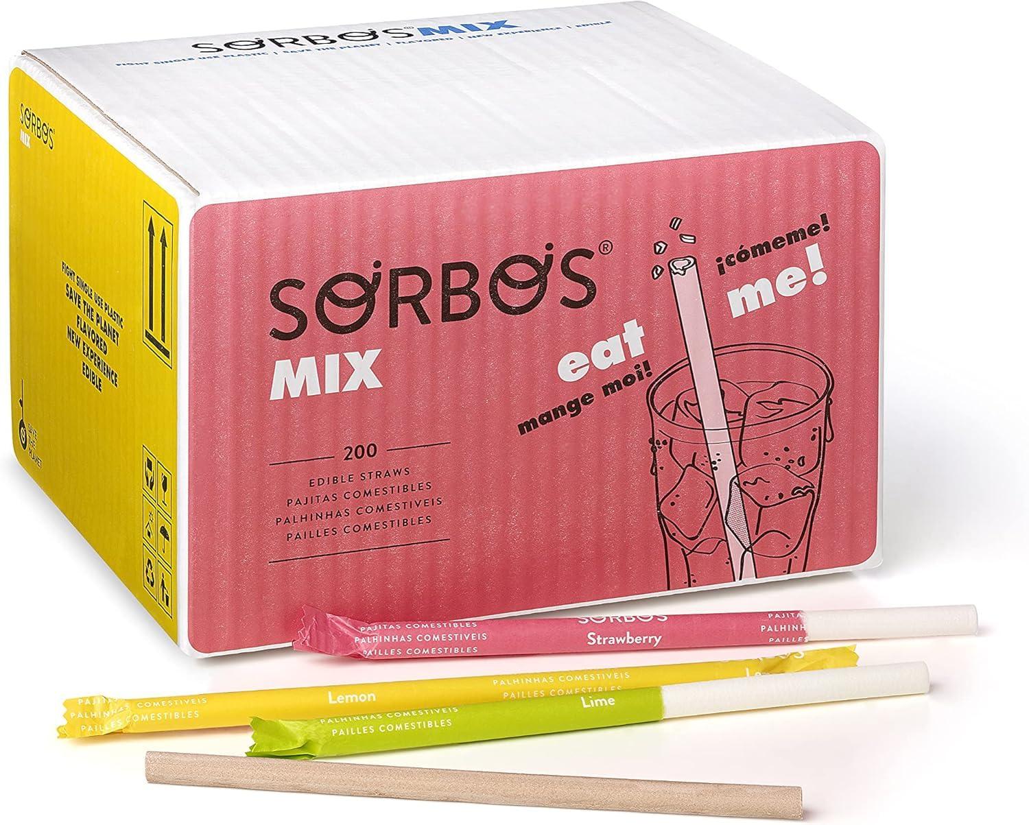SORBOS Sorbos Edible Straws, Flavor Mix Variety, Chocolate, Lemon, Lime, Strawberry, Individually Packaged, No PFAS, No Allergens, No Gluten, 7.4 inches long (Pack of 200)