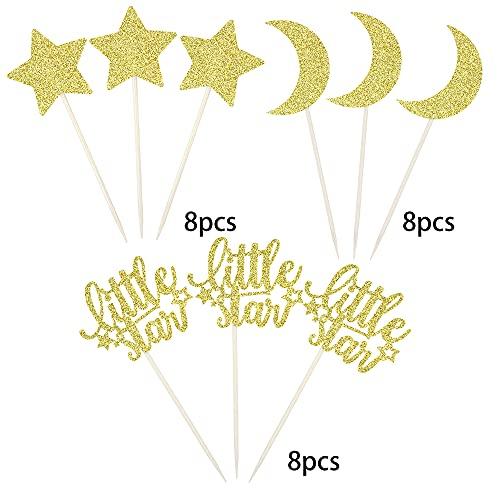 ZHUOWEISM 24 PCS Little Star Cupcake Toppers with Moon Gold Glitter Star Cupcake Picks Baby Shower Kids Birthday Party Cake Decorations Supplies