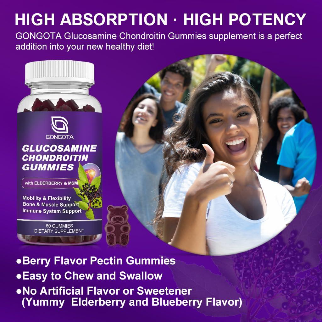 GONGOTA Glucosamine Chondroitin Gummies - 2- Pack, Extra Strength 1500mg Glucosamine with MSM & Elderberry, Joint Support Supplement, Best Cartilage & Immune Support Supplement for Men and Women - 120 count