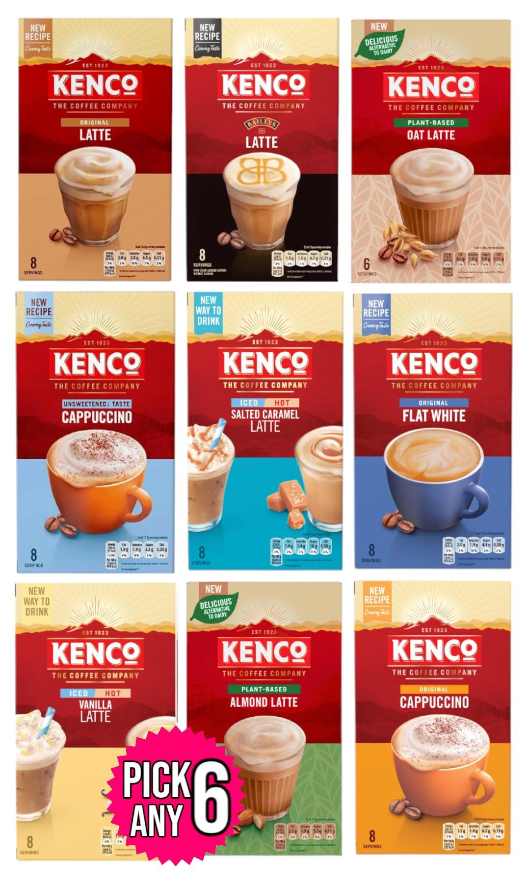 Kenco Kenco Instant Coffee Sachets Pick Any 6 packs from 9 Blend Inc: Almond Latte, Vanilla Latte, Oat Latte, Baileys Latte, Cappuccino, Flat White, ICED HOT salted Caramel Latte Etc.