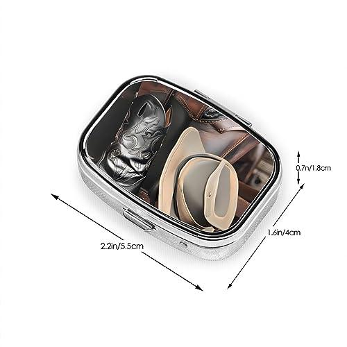 AthuAh Cowboy Black Hat Western Boots Everyday Pill Organizer, Fits in Pocket, 2 Compartment Portable Pill Box for Medications, Vitamins and More