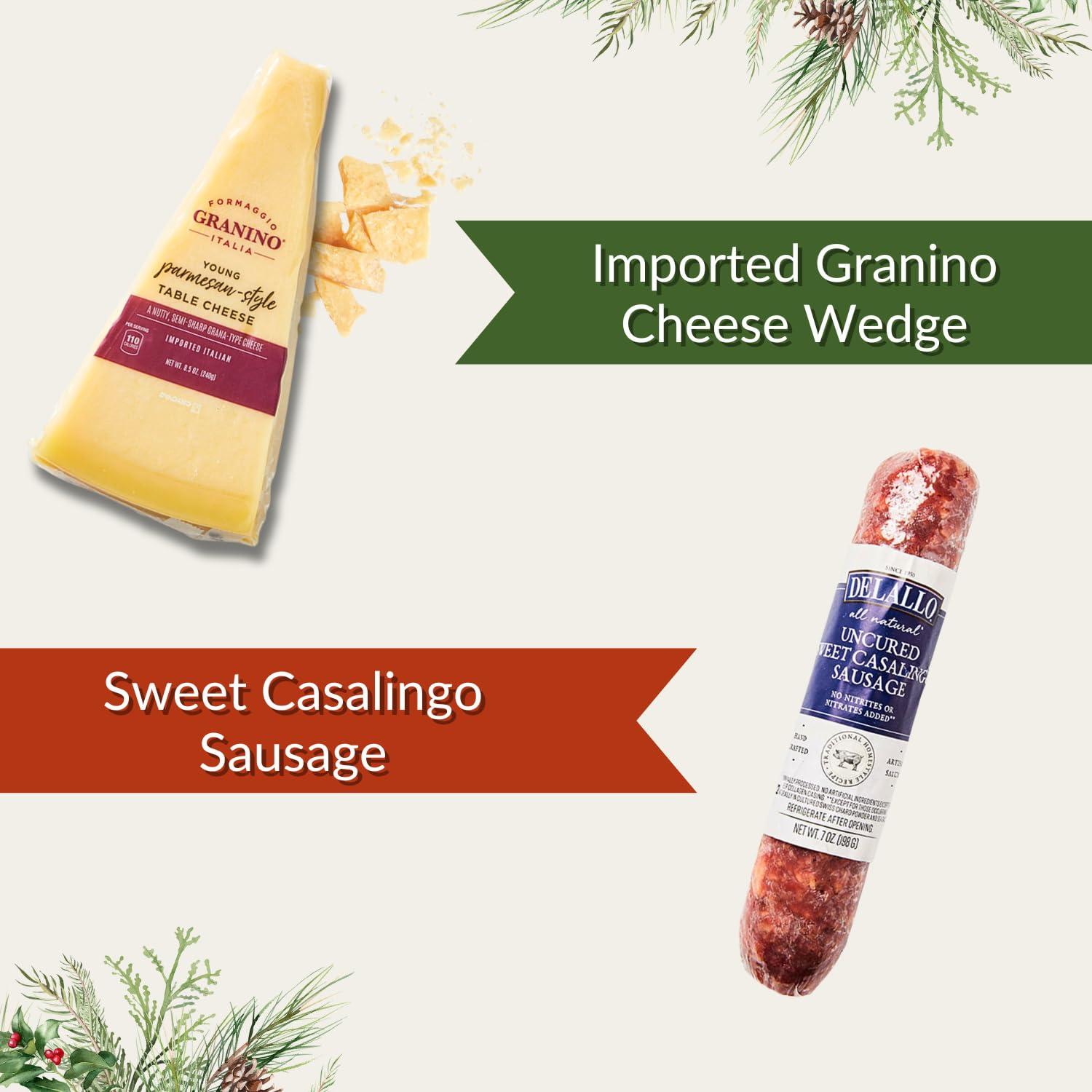 DeLallo DeLallo Gourmet Charcuterie Italian Gift Basket, Imported Full-Size Italian Granino Cheese and Salami Gift Basket, Gourmet Charcuterie Food for Holidays and Christmas, Gift Box Included