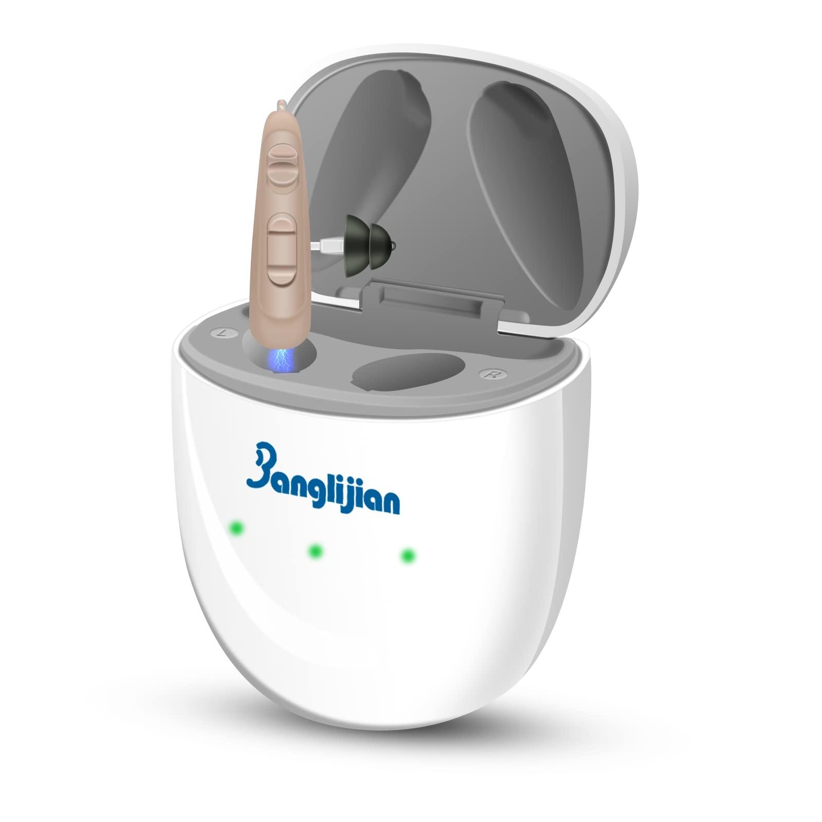 Banglijian Banglijian Hearing Aids Rechargeable RIC Hearing Aids for Seniors Adults, 12 Channels Hearing Aid with Magnetic Contact Charging Box Digital Noise Cancelling and Feedback Cancellation (Left Side, Beige)