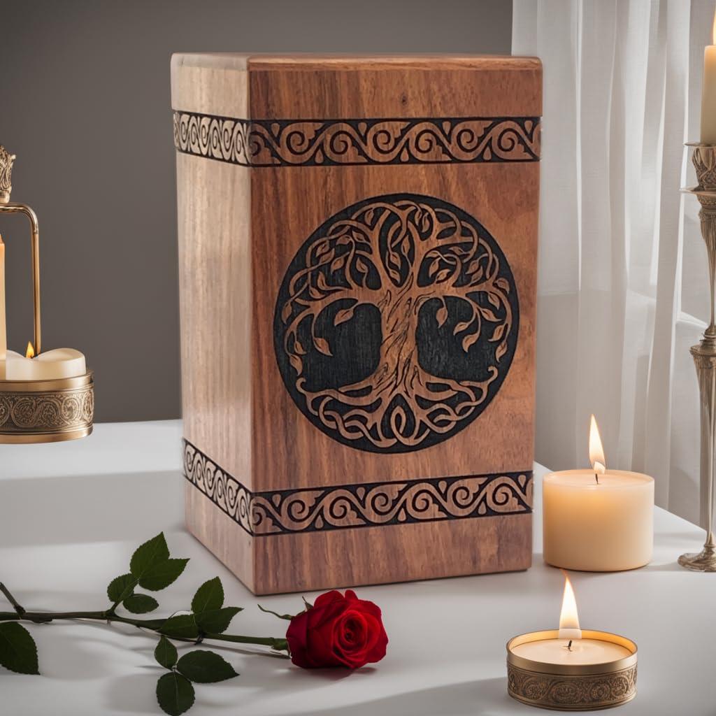 Prime Art Prime Art Wooden Urns for Human Ashes Tree of Life Urns Cremation Urns for Adult Ashes Funeral Urns Wooden Pet Urn Wooden Urn Box (Tree of Life Black, (Small - 8\" Hx4.75 W (115 Cu/in))