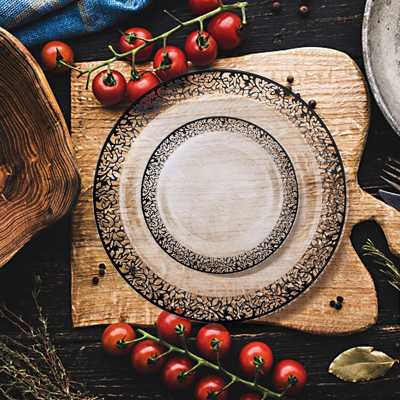 U-QE U-QE 100pcs Clear and Black Plastic Plates - Black Plates Disposable for Party - Black Disposable Plates for Premium Party Supplies Including 50 Dinner Plates 10.25 \'\' &50 Dessert Plates 7.5 \'\'