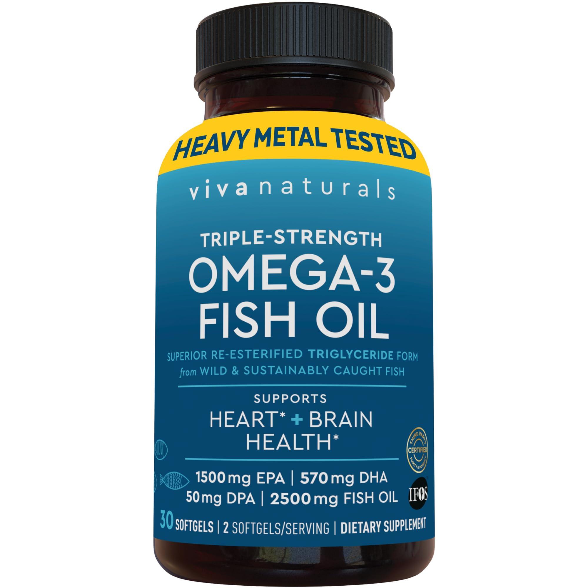 Viva Naturals Viva Naturals Triple Strength Omega 3 Fish Oil Supplement - 2500 mg Fish Oil with Re-Esterified Omega 3 Fatty Acids Including EPA, DHA DPA - 30 Pescatarian-Friendly Softgels