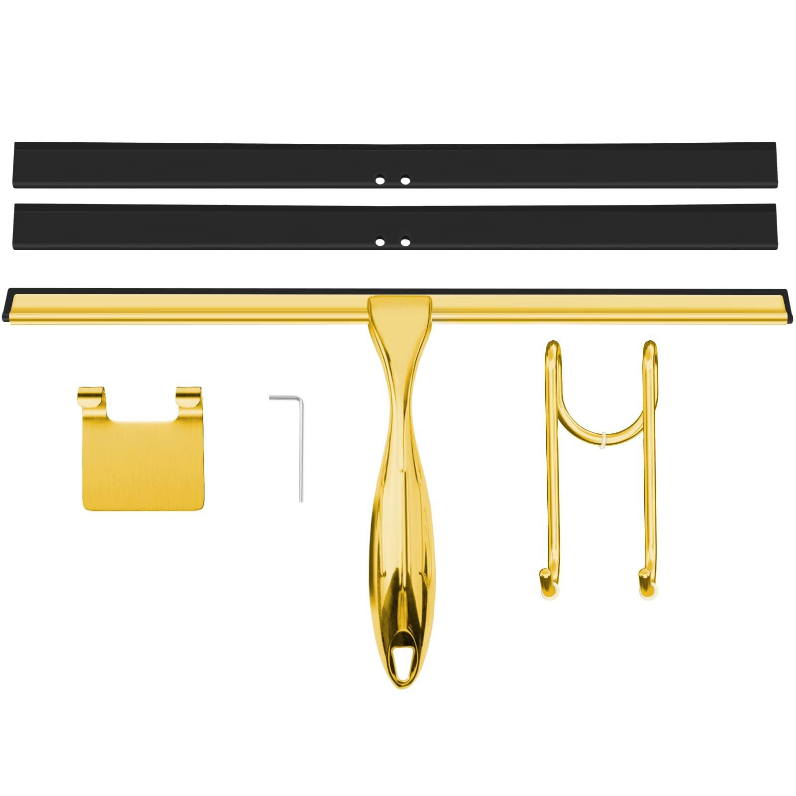 TOOVEM A FAMILY OF MANUFACTURERS TOOVEM 14 Inch Shower Squeegee for Glass Doors, Window, Bathroom, Car Windshield, Shower Cleaning Tools with S Hook, Square Sticky Hook (Gold)