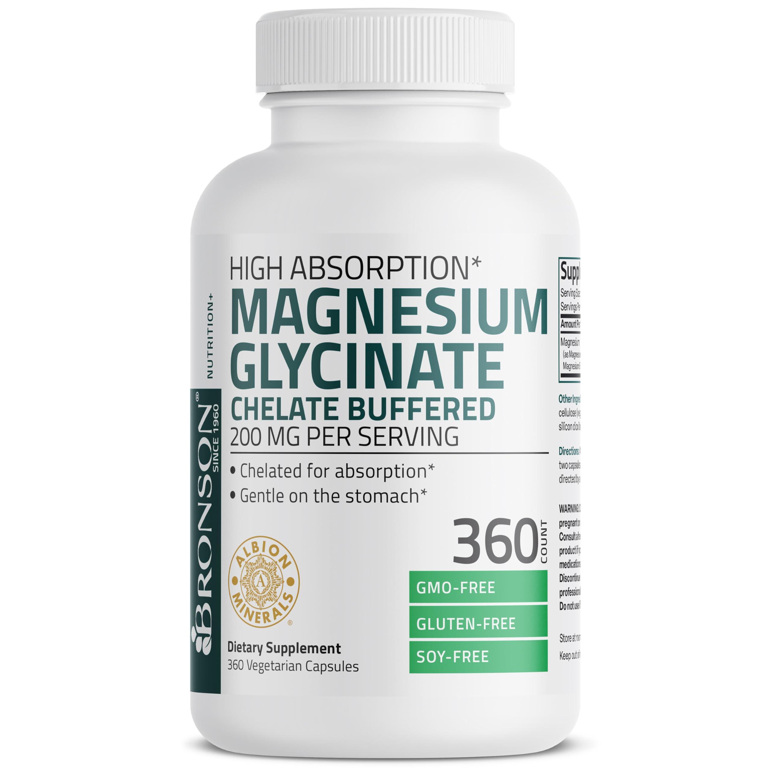 Bronson Bronson Magnesium Glycinate 200 MG per Serving Chelated for High Absorption, Gentle On Stomach, Non-GMO, 360 Vegetarian Capsules