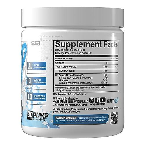 Giant Performance Giant Edge Series - Giant Pump - 3D Pump Breakthrough, L-Citrulline for Pumps and Endurance, Stim-Free 30 Servings (Unflavored)