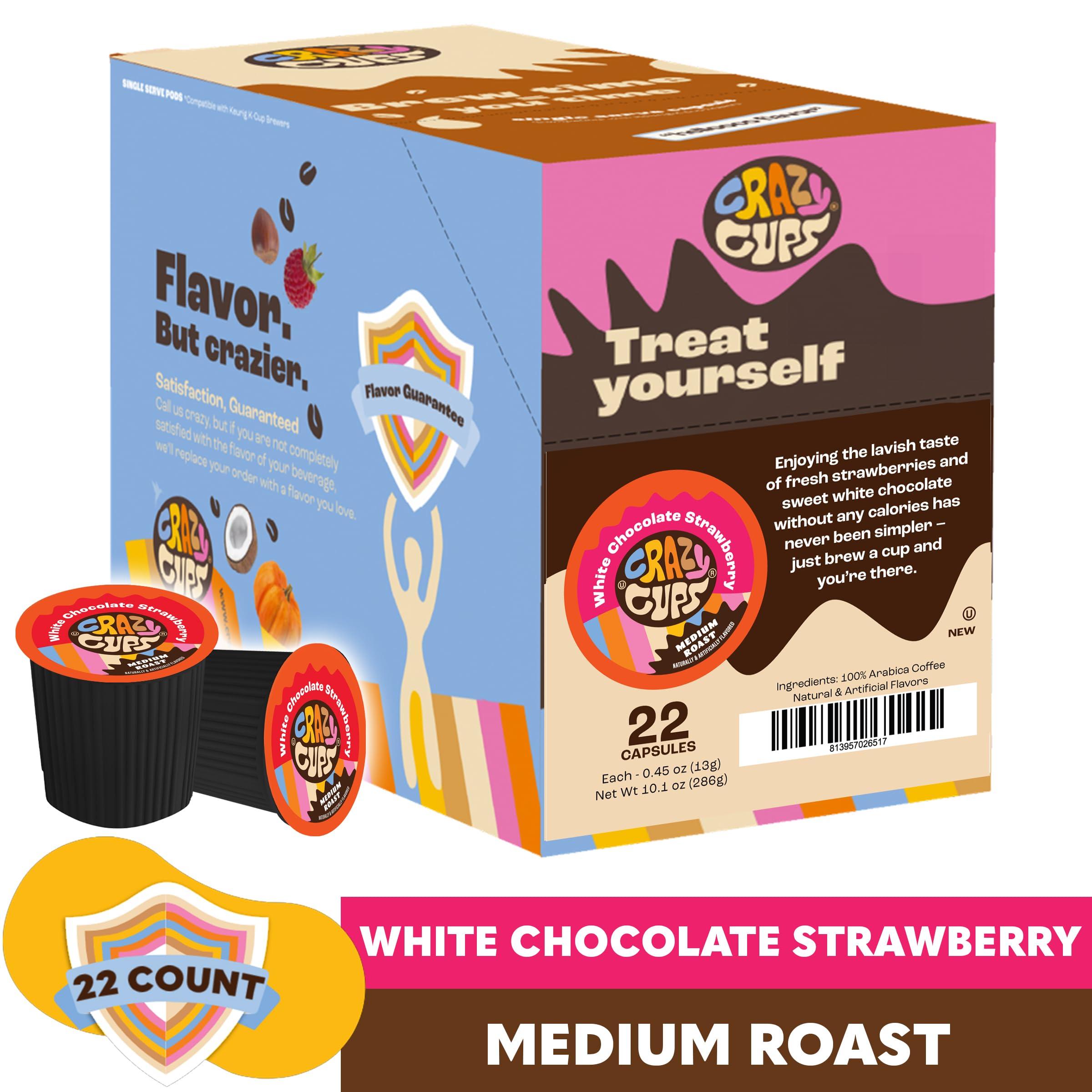 Crazy Cups Crazy Cups Flavored Single Serve Hot or Iced Medium Roast Coffee for Keurig KCups Machines in Recyclable Pods, White Chocolate Strawberry(Pack of 1, 22 Count Total)