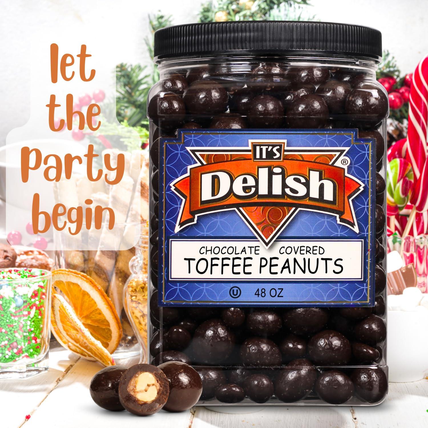 It\'s Delish Chocolate Covered Toffee Coated Peanuts by It\'s Delish, 48 OZ Jumbo Container | Dark Chocolate Candy Nuts Bulk Peanut Chocolates Sweet & Crunchy Nut Snack | Vegan, Kosher