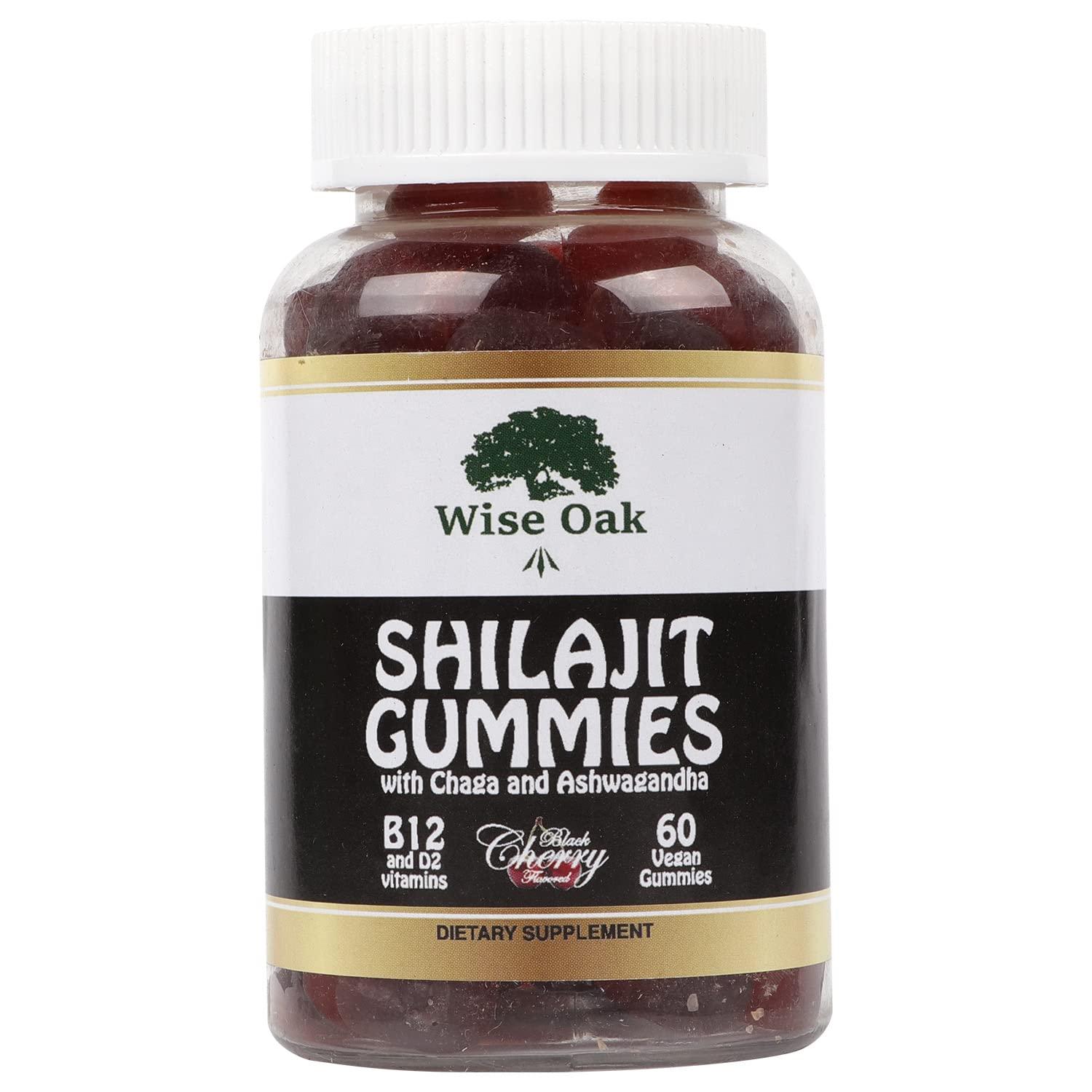 Centinela Health Company Wise Oak Shilajit Gummies 500mg with Chaga Ashwagandha B12 and D2 Vitamins - Black Cherry Flavored Naturally Vegan Ayurveda Humic Fulvic Acid and Trace Minerals - Pure Himalayan Shilajit Supplement