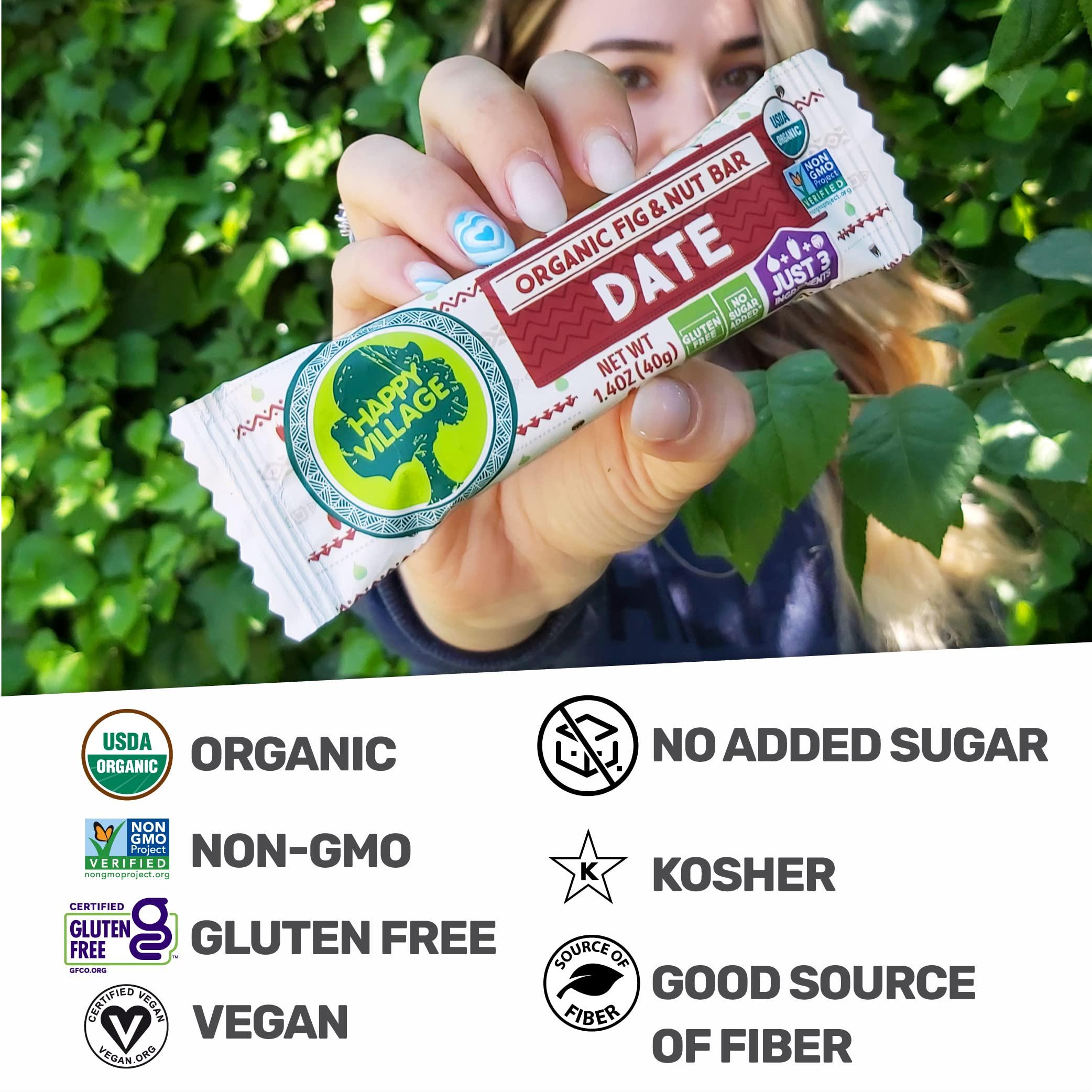Happy Village Happy Village Organic Fig & Nut Bars, DATE | Only 3 Ingredients, Gluten Free, No Added Sugar, Kosher, Non-GMO, Vegan, Good Source of Fiber | Organic Healthy Snack Bars (16 bars, 1.4 OZ each)