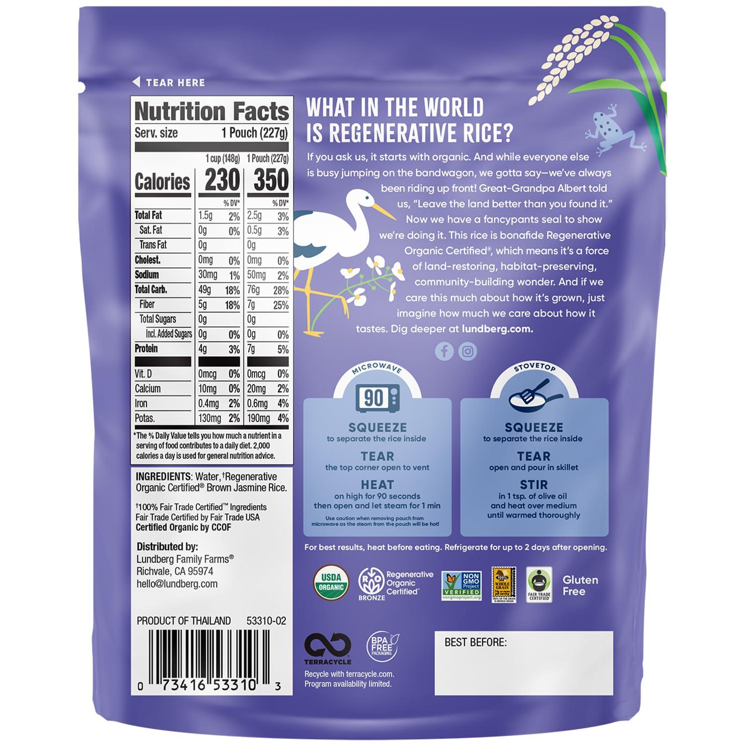 Lundberg Lundberg Brown Jasmine Rice, Ready in 90 Seconds, 6-Pack Regenerative Organic Certified Long Grain Brown Rice, Microwavable,Fluffy, Non-Sticky, Aromatic Organic Rice, 8 Oz Ea