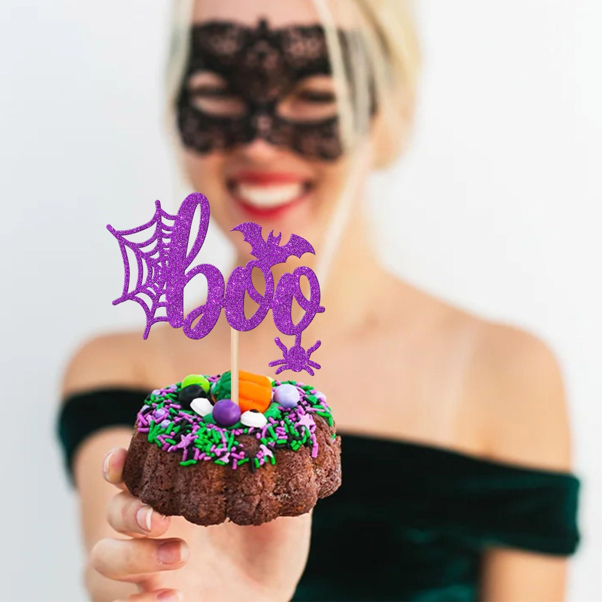 ZHUOWEISM 24 PCS Halloween Boo Cupcake Toppers Glitter Spider Web Bat Cupcake Picks for Halloween Boo Theme Baby Shower Birthday Party Cake Decorations Supplies Purple