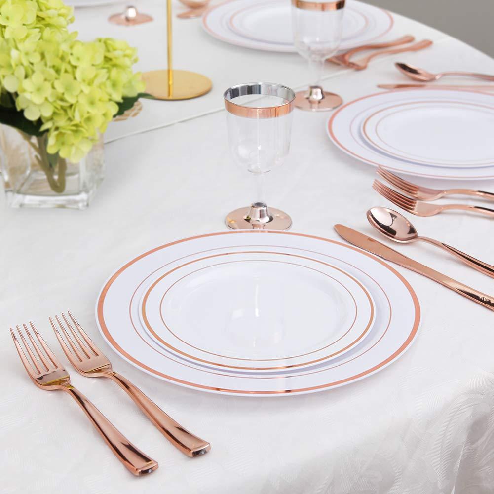 WDF WDF 60pcs Rose Gold Plastic Plates-Baroque White &Rose Gold Disposable Plates Rose Gold Plastic Silverware- Disposable Flatware Set