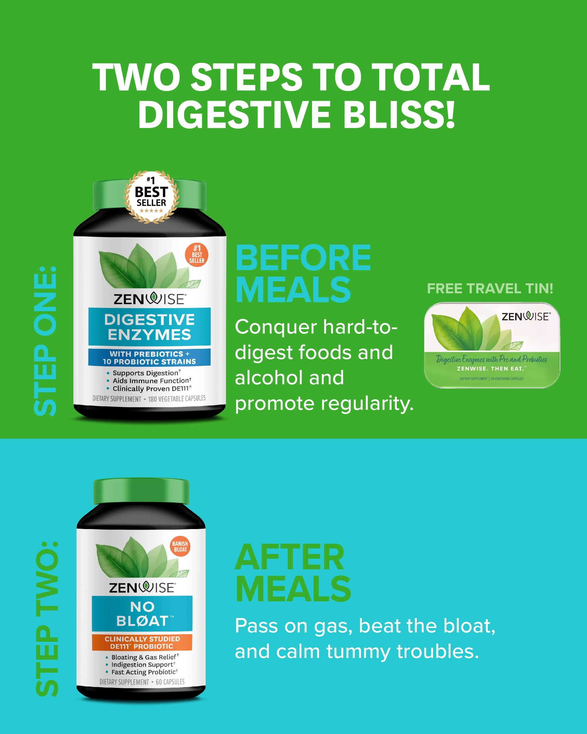 Zenwise Health Zenwise Digestive Enzymes, No Bloat, and Free Travel Tin with Probiotics for Digestive and Gut Health | Bloating Relief for Women and Men