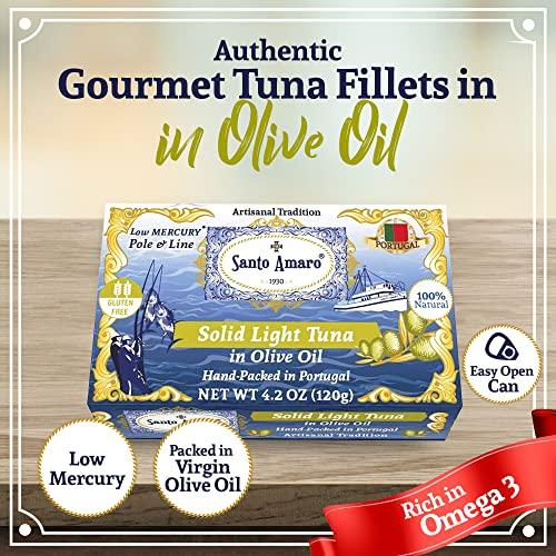 Santo Amaro Santo Amaro - Artisanal Wild Tuna Fillets in Virgin Olive Oil, Hand-Packed Canned Tuna from Portugal, Atlantic Natural Tuna, Pole & Line Skipjack Tuna Canned, Low Mercury, 22g Protein Keto, Pack of 3