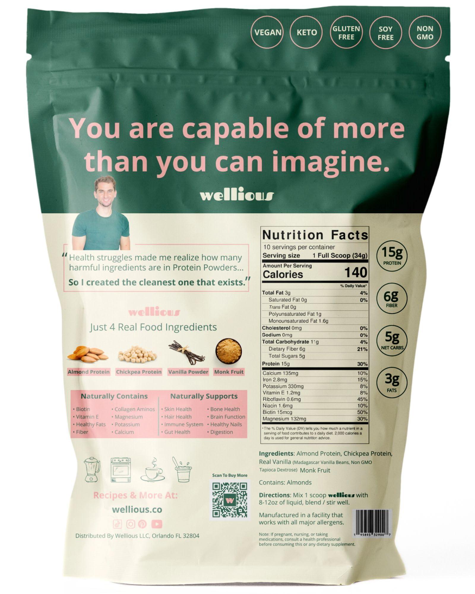 wellious wellious - Clean Vegan Protein Powder - 2 Pack, 1 Chocolate and 1 Vanilla - for Gut Health, Plant Based, Keto, No Sodium, High Fiber, Dairy Free, for Women and Men