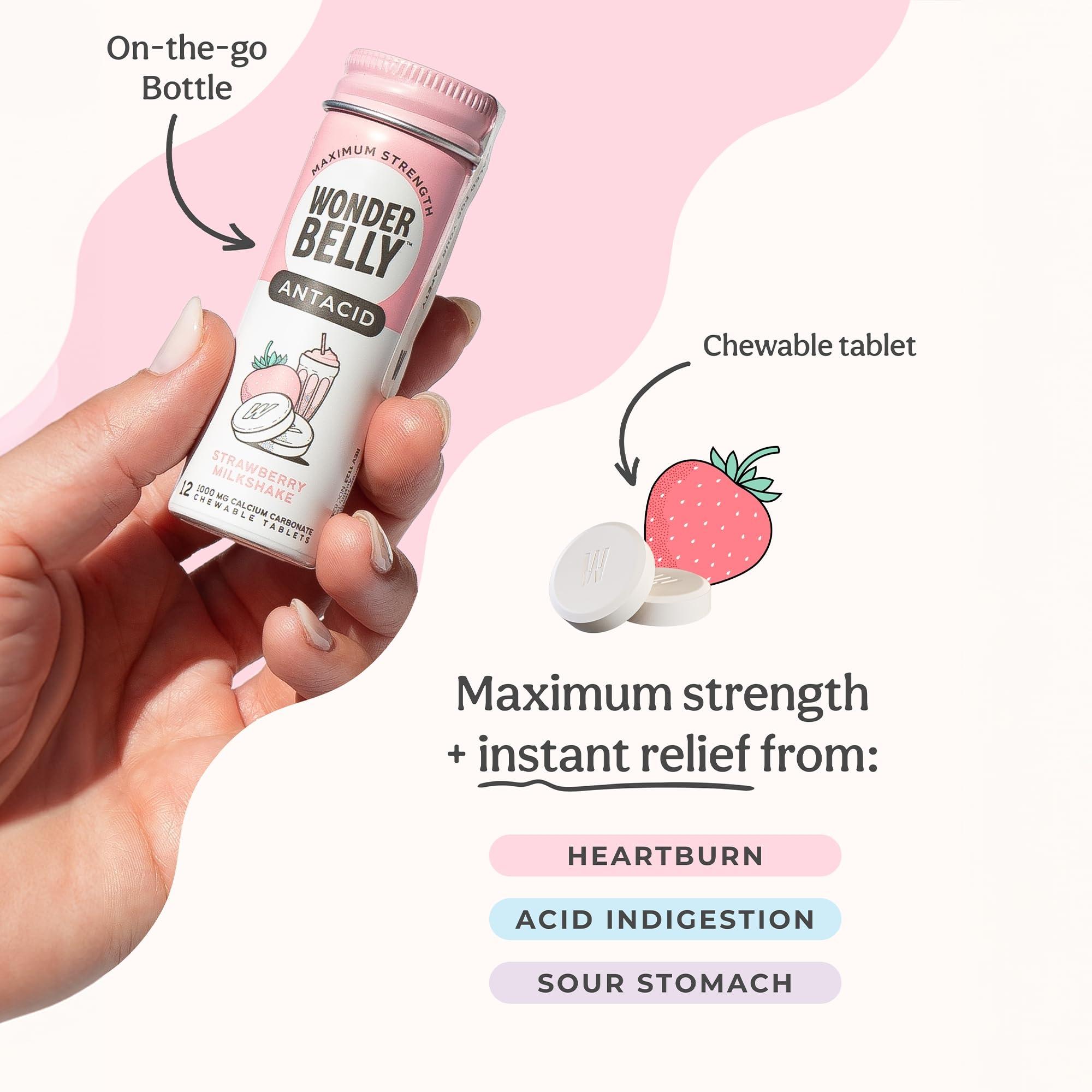 Wonderbelly Wonderbelly Antacid, Effective Heartburn & Instant Acid Indigestion Relief, Travel Size Extra Strength Chewable Tablets, 1000 mg Calcium Carbonate, Strawberry Milkshake, 12 Count (Pack of 2)