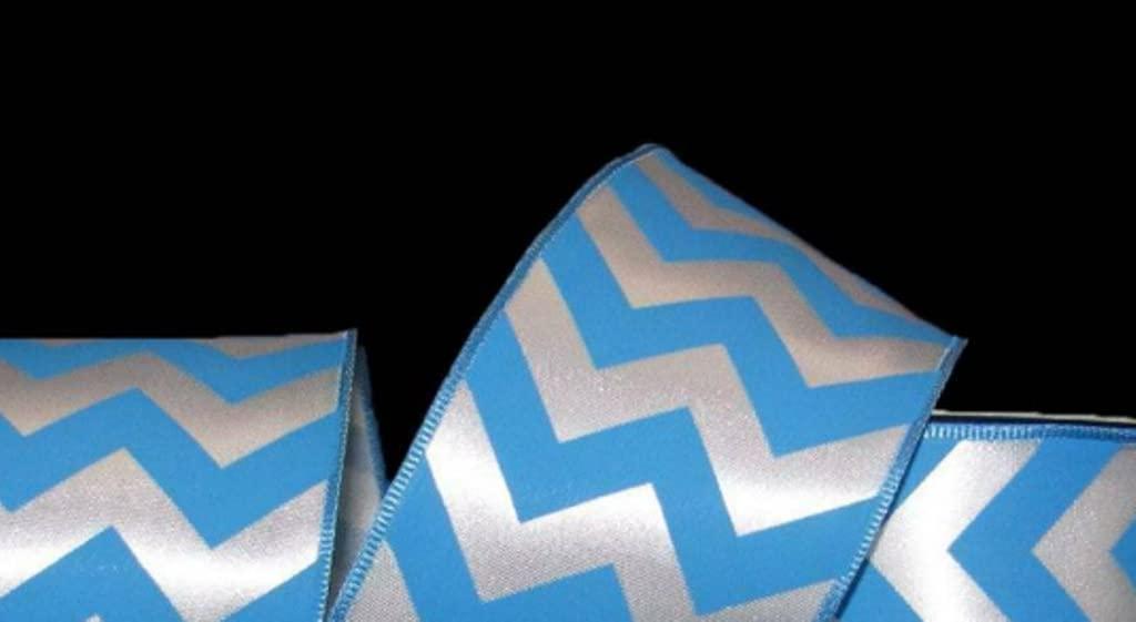 BRR 1 Pcs 2 1/2\"W Chevron Stripes Satin Wired Ribbon Turquoise Blue White 5 Yards, Chevron Ribbon for Gift Wrapping | #AA120RK