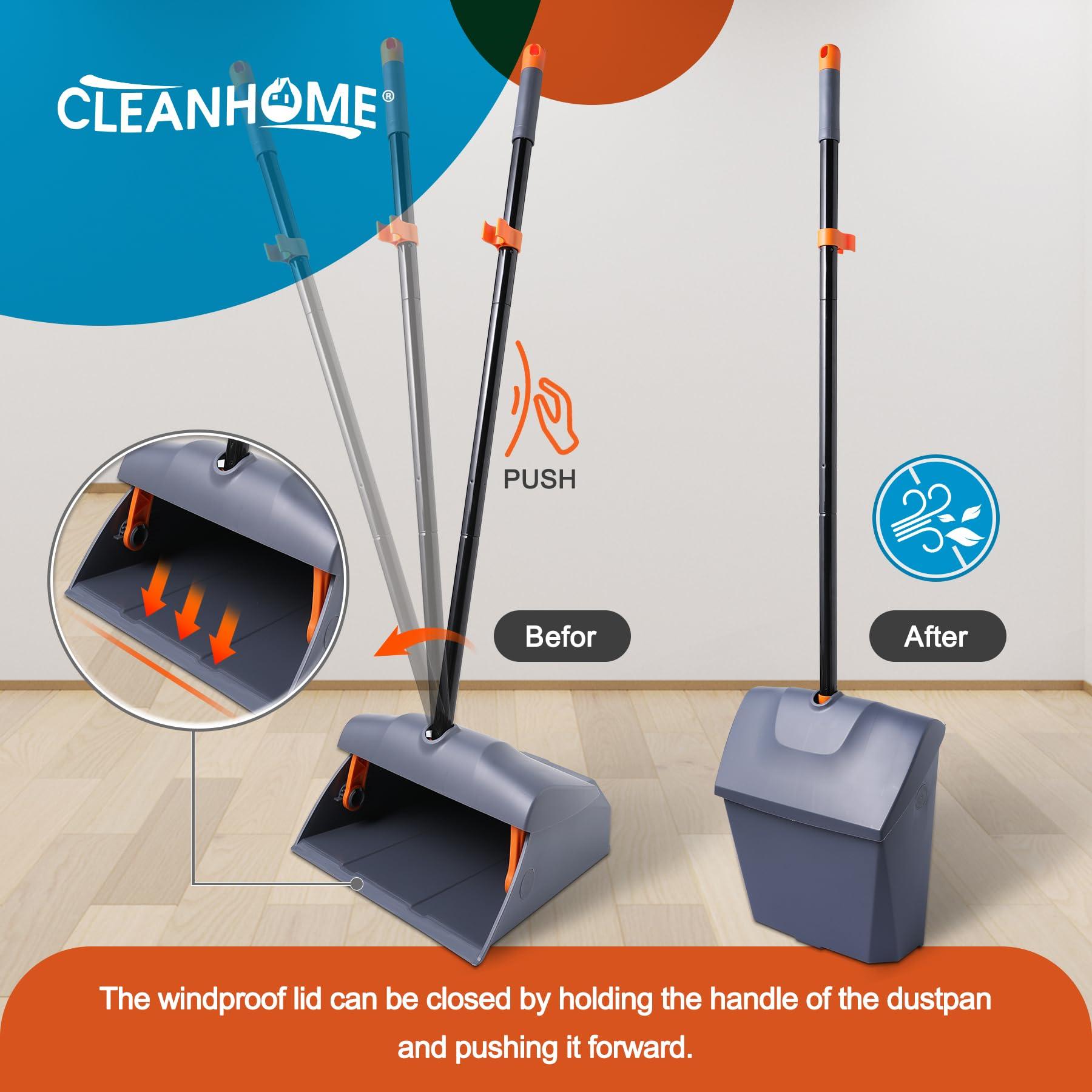 CLEANHOME CLEANHOME Heavy Duty Broom with Dustpan Combo Set Indoor and Outdoor Dual Purpose,Stiff Bristle Commercial Angle Broom and Standing Dust Pans with Long Handle for Sweeping Home,Kitchen,Yard,Grey