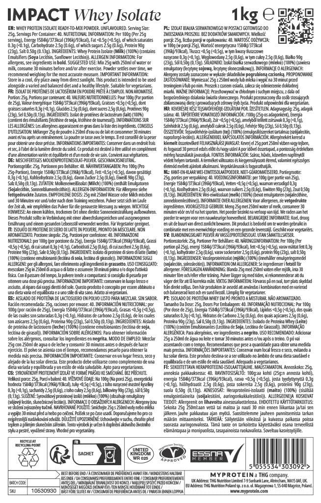 Myprotein MyProtein Impact Whey Isolate, Unflavoured, Pouch, Size: 1kg