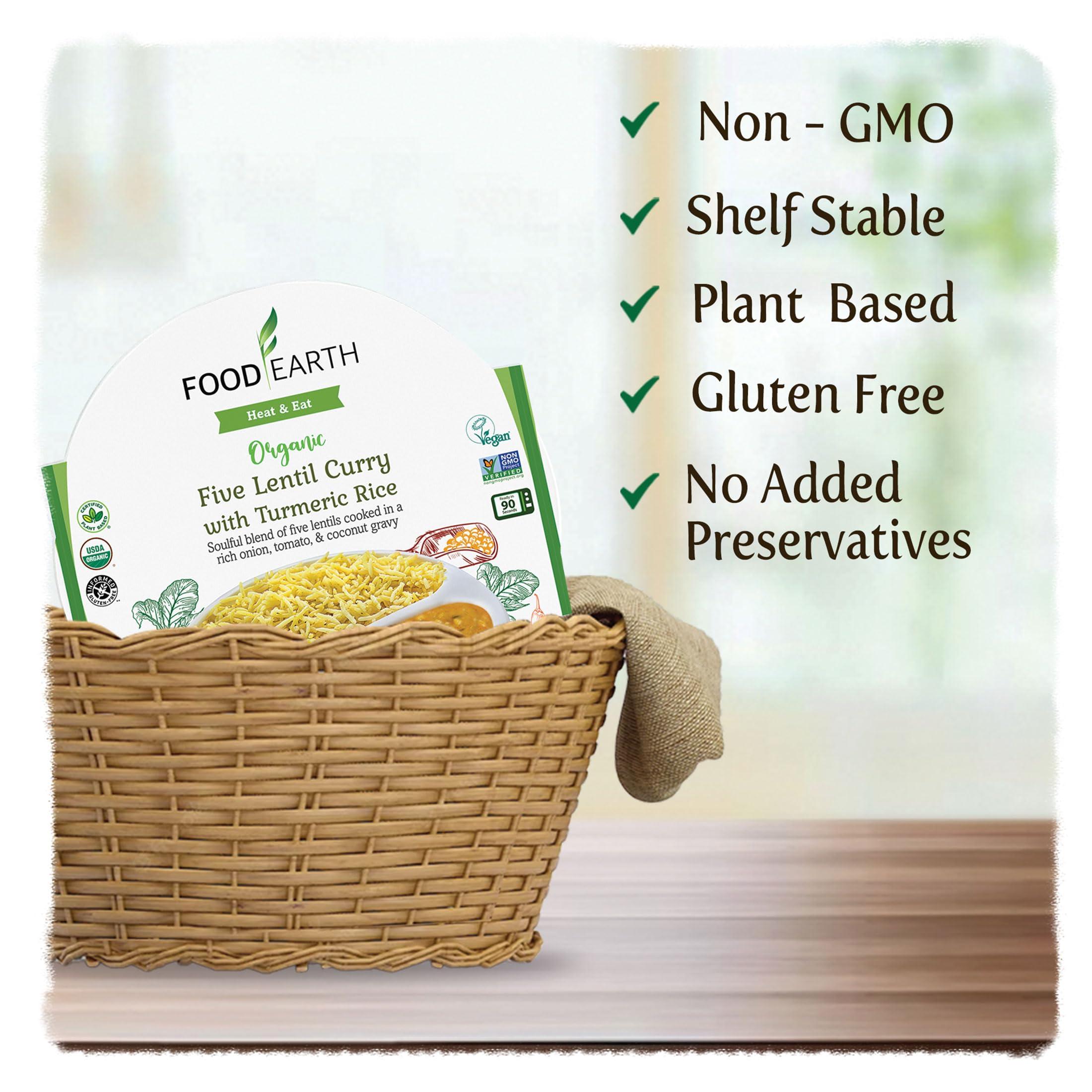 Food Earth Food Earth Ready to Eat Indian Cuisine - Five Lentil Curry with Turmeric Rice - Microwavable, Pre-packaged & Lunchable- Organic, Vegan, Gluten-Free, GMO-Free, Plant-Based - 10.58 oz each - Pack of 6